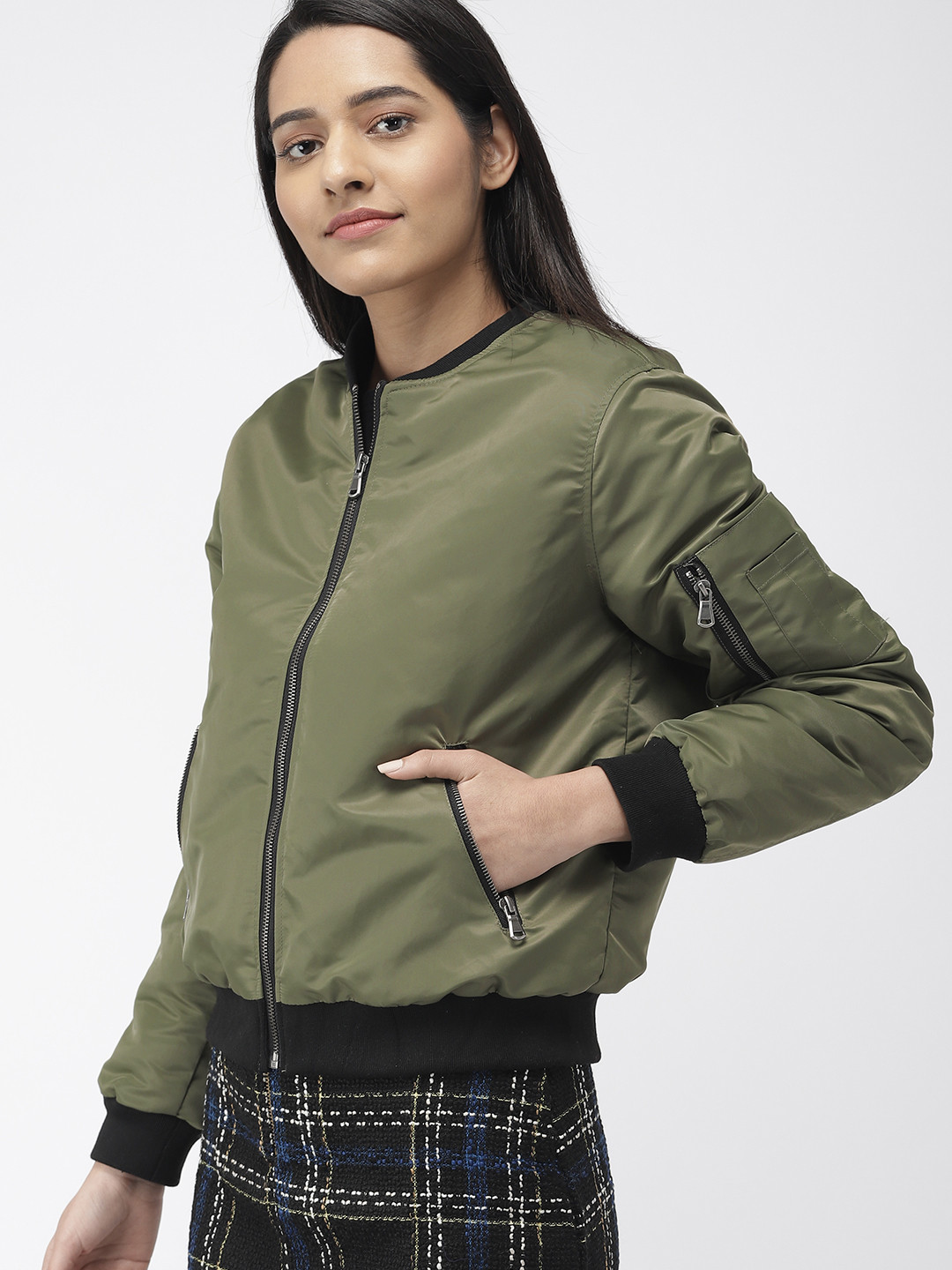 Buy FOREVER 21 Women Olive Green Solid Bomber Jacket Jackets for