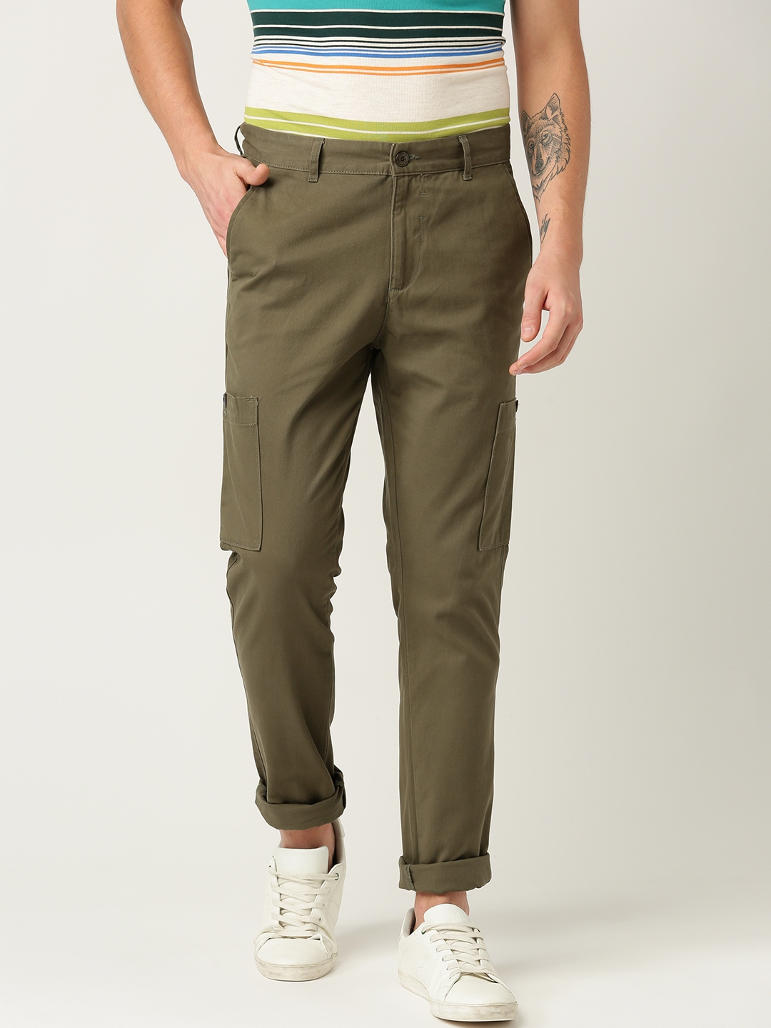 Buy United Colors Of Benetton Men Olive Green Slim Fit Solid Cargos ...