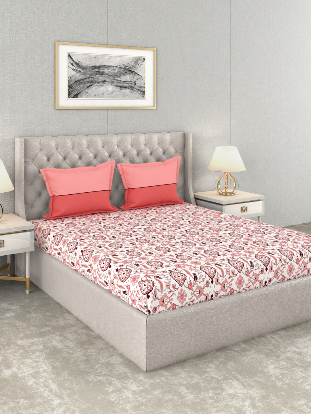 Buy Trident Pink & White Abstract 120 TC Cotton 1 Queen Bedsheet With 2