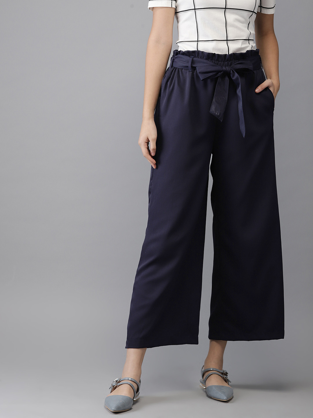 Buy HERE&NOW Women Navy Blue Solid Cropped Bootcut Trousers Trousers