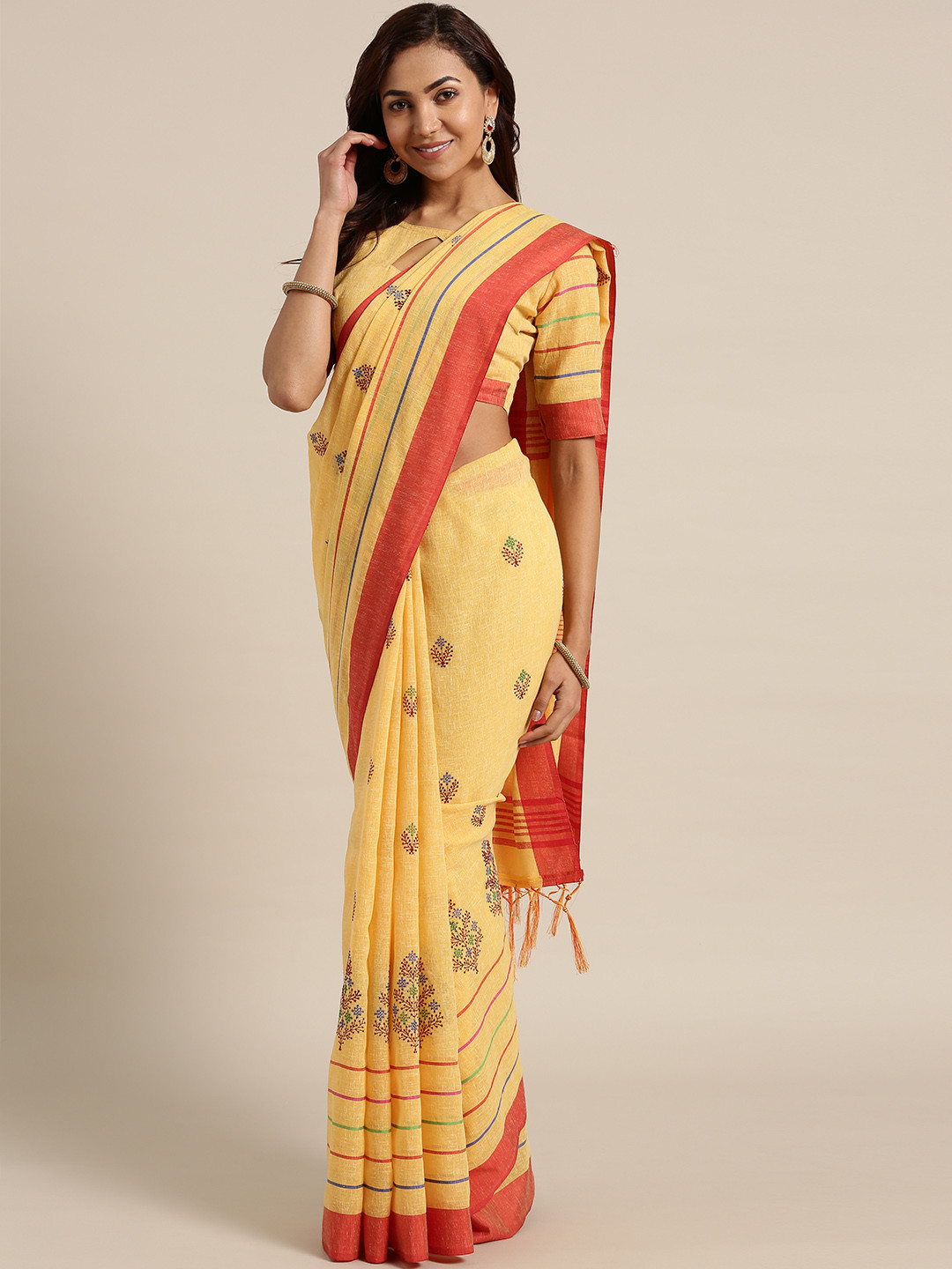 Buy Saree Mall Yellow & Red Embroidered Saree Sarees for Women