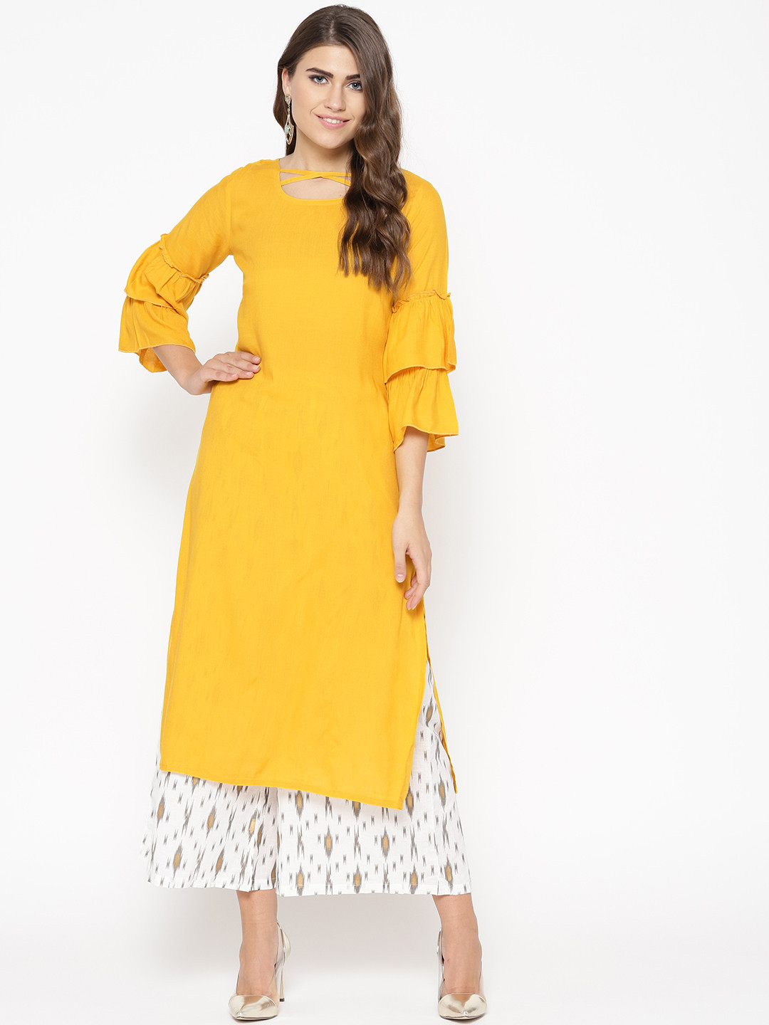 Buy Sringam Women Mustard Yellow & White Solid Kurta With Palazzos Kurta Sets for Women
