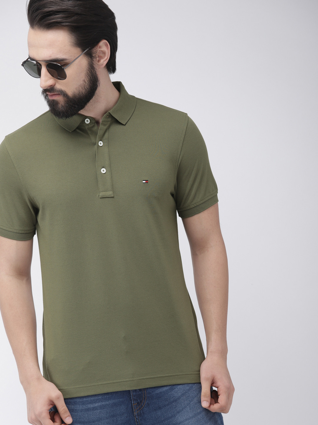 Buy Tommy Hilfiger Men Olive Green Solid Slim Fit Polo Collar Pure