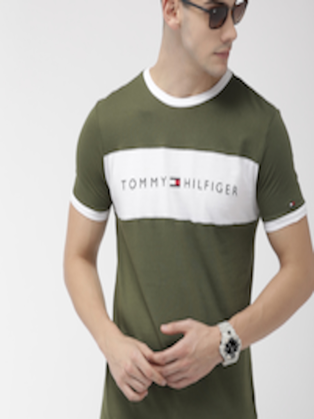 Buy Tommy Hilfiger Men Olive Green White Colourblocked Round Neck Pure ...