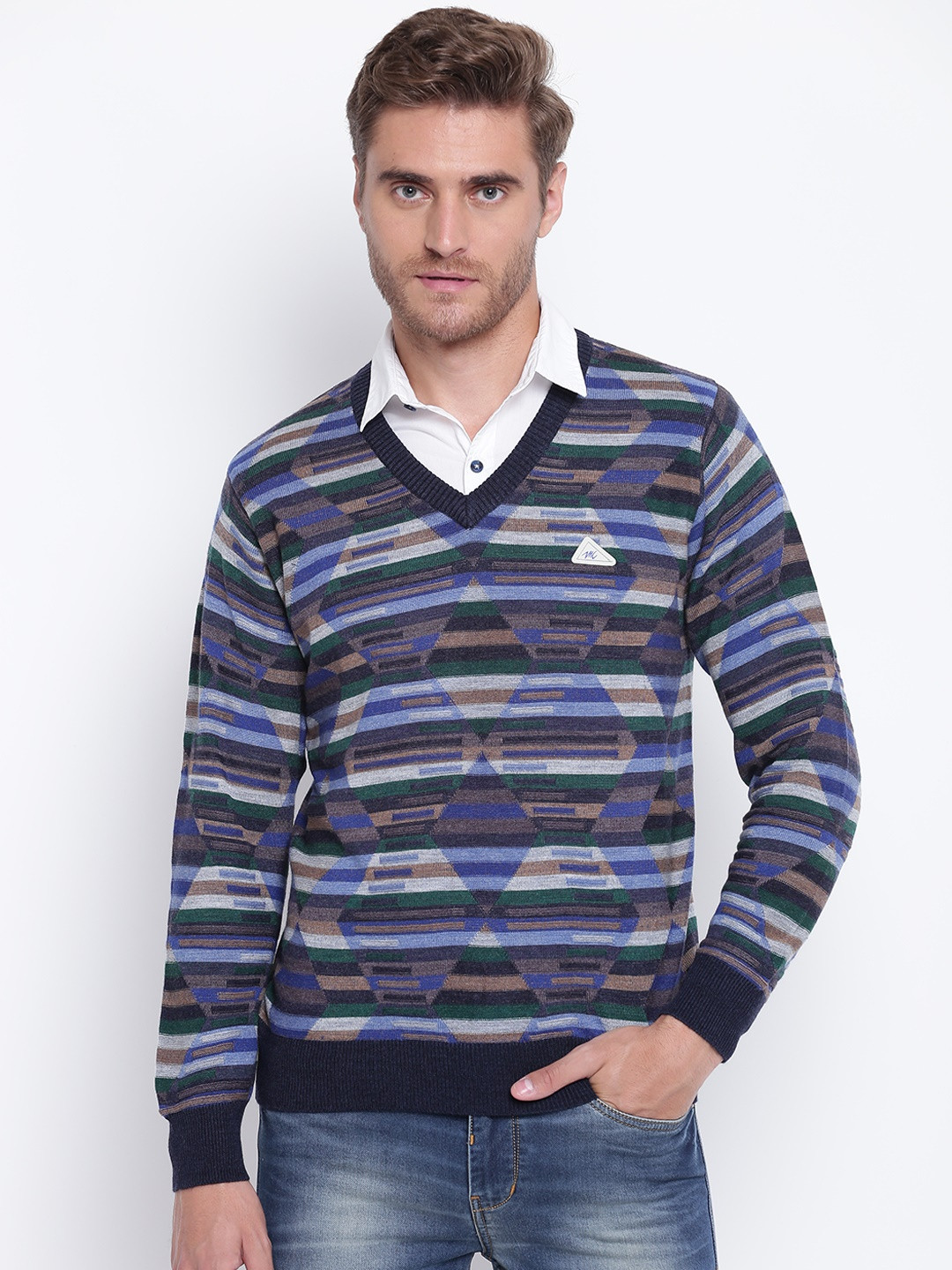 Buy Monte Carlo Men Blue & Green Striped Sweater Sweaters for Men
