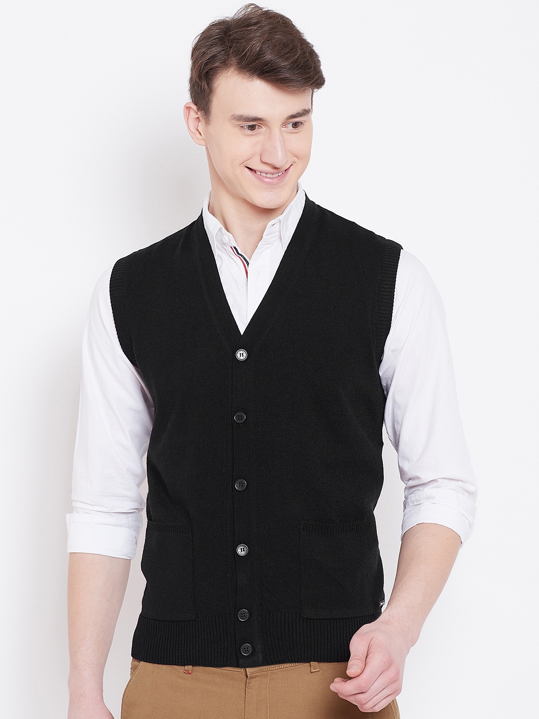 black sleeveless cardigan sweater