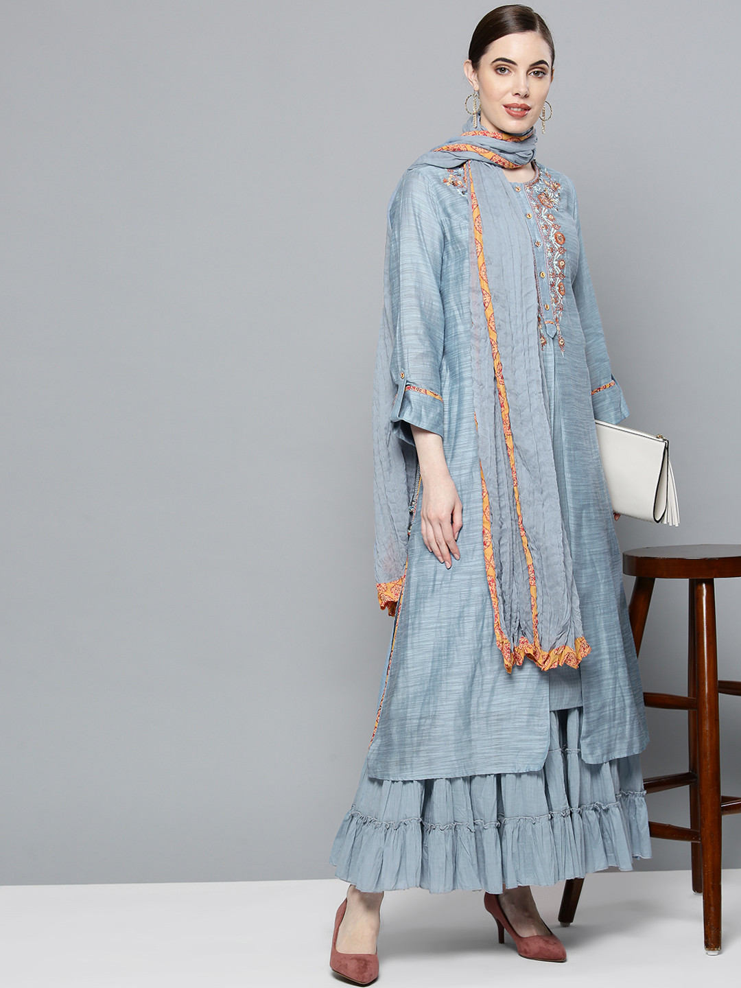 Buy Ritu Kumar Women Blue Yoke Design Layered Kurta With Sharara & Dupatta - Kurta Sets for 