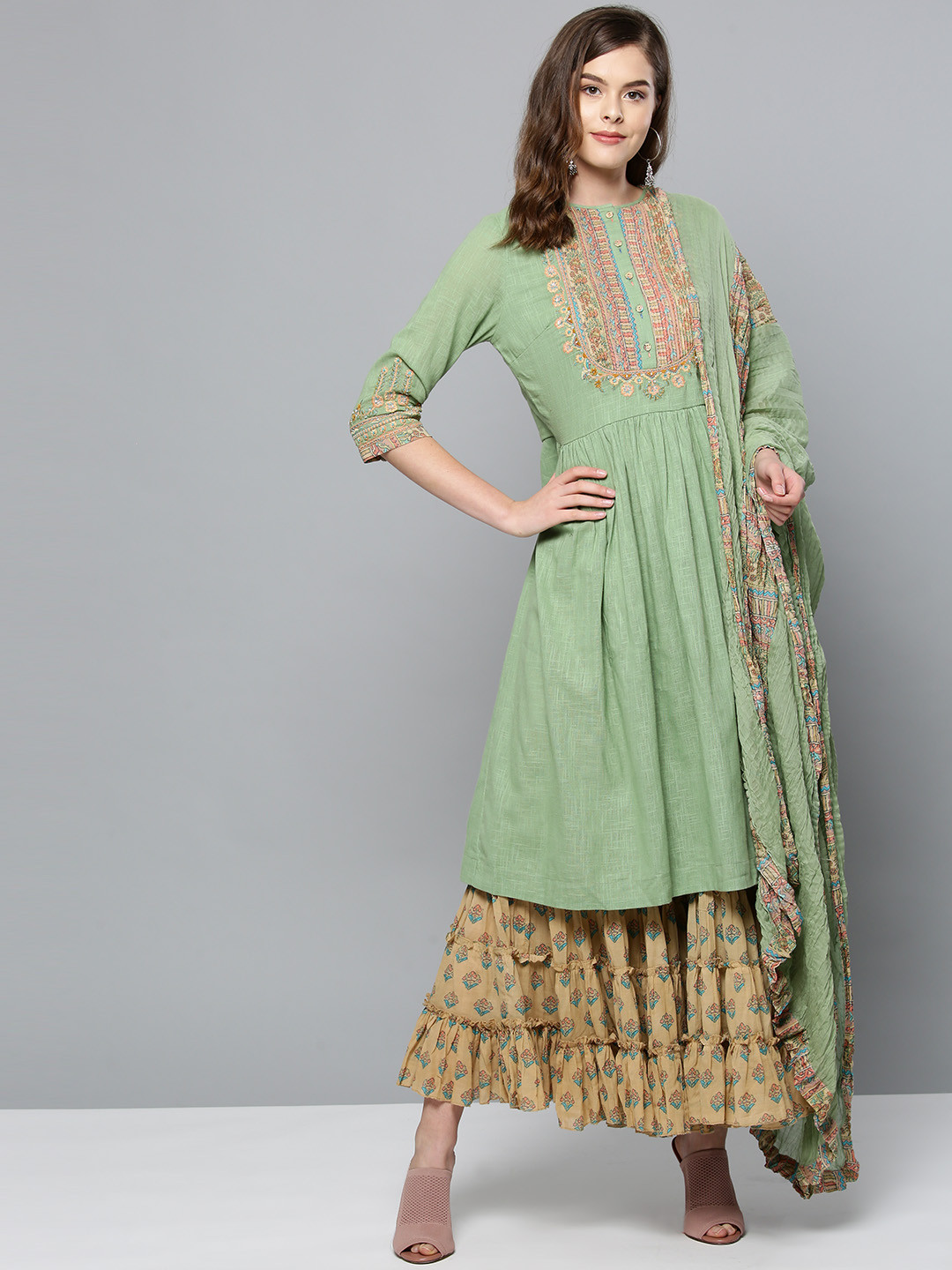 Buy Ritu Kumar Women Green & Beige Solid Kurta With Sharara & Dupatta - Kurta Sets for Women 