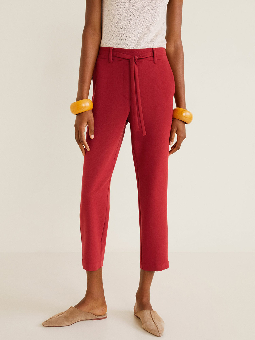 Buy MANGO Women Red Regular Fit Solid Regular Cropped Trousers