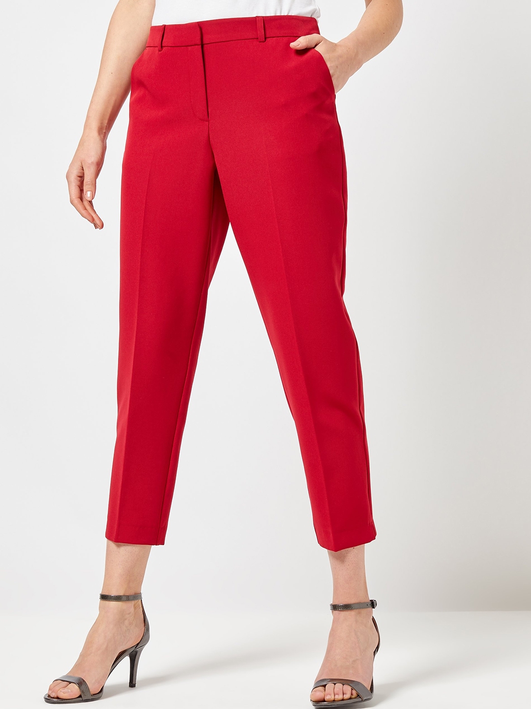 red tailored pants