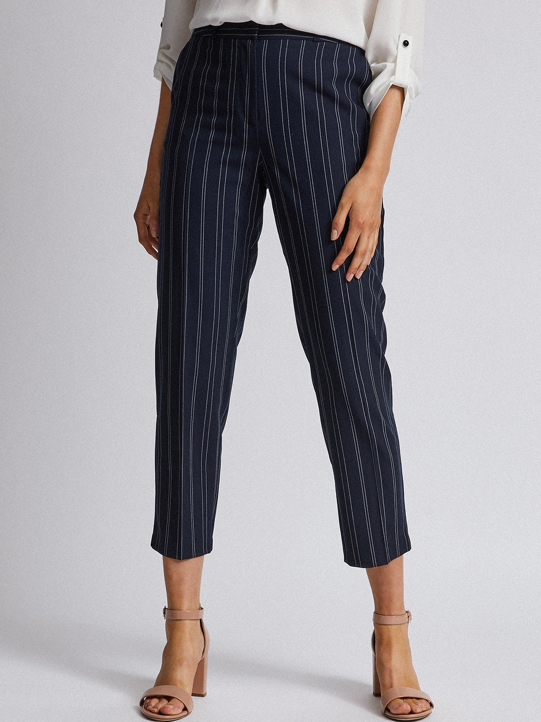 Buy DOROTHY PERKINS Women Navy Blue & White Tailored Fit Striped Cropped Trousers - Trousers for 