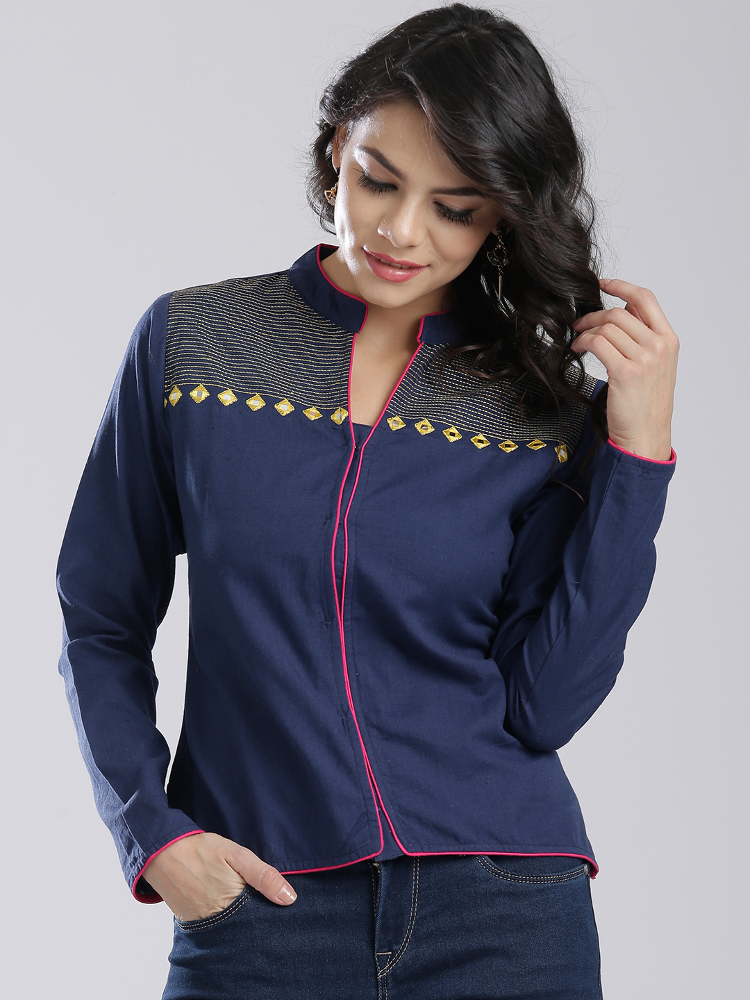 Buy Anouk Navy Mirror Work Ethnic Cotton Jacket Jackets for Women