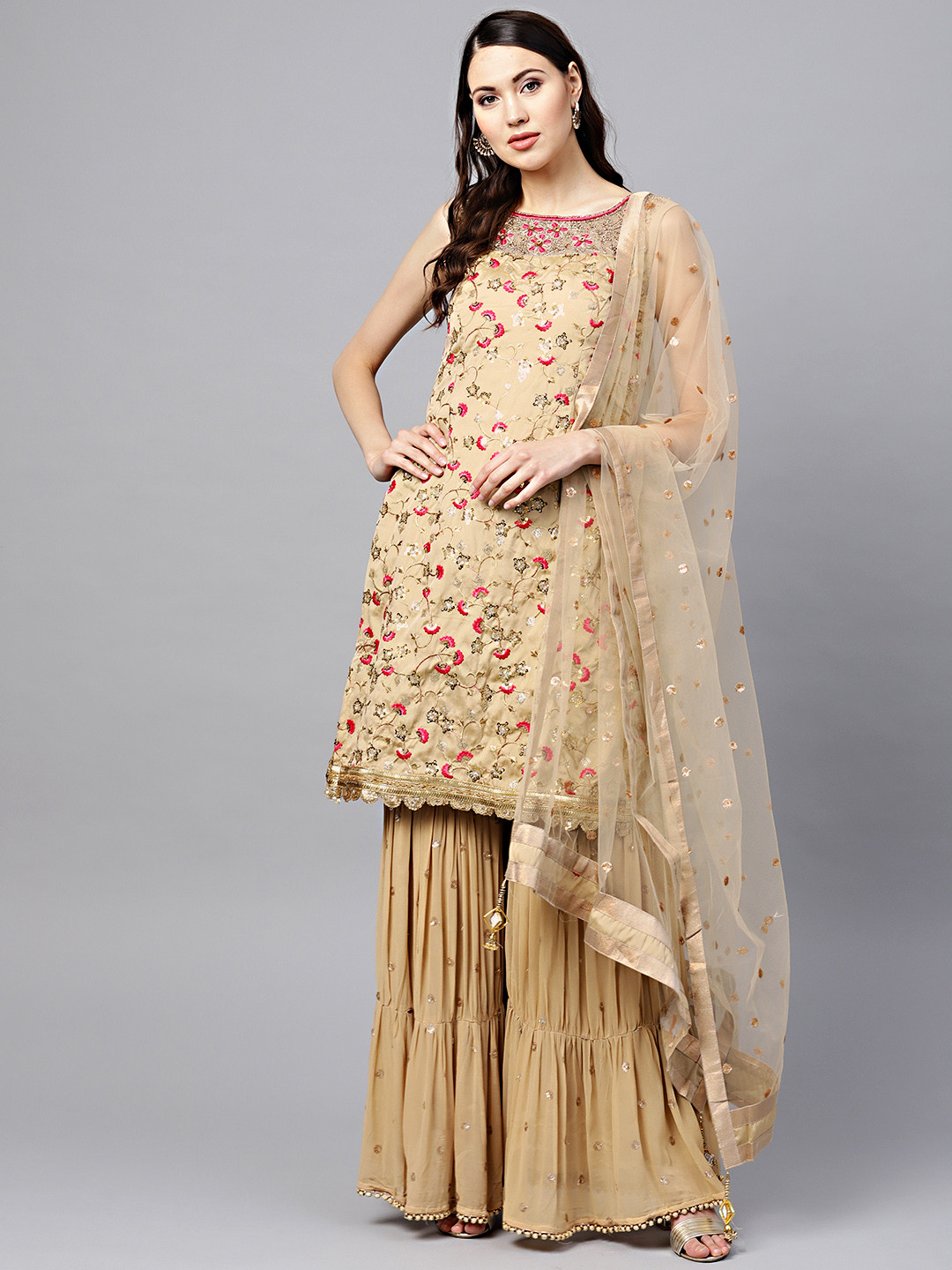 Buy Chhabra 555 Women Beige & Golden Made To Measure Embroidered Kurta With Sharara & Dupatta 
