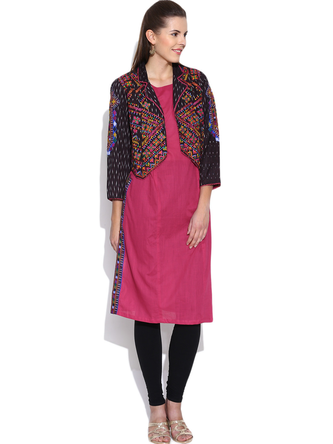 Buy BIBA Pink Kurta With Embroidered Ethnic Jacket Kurtas for Women