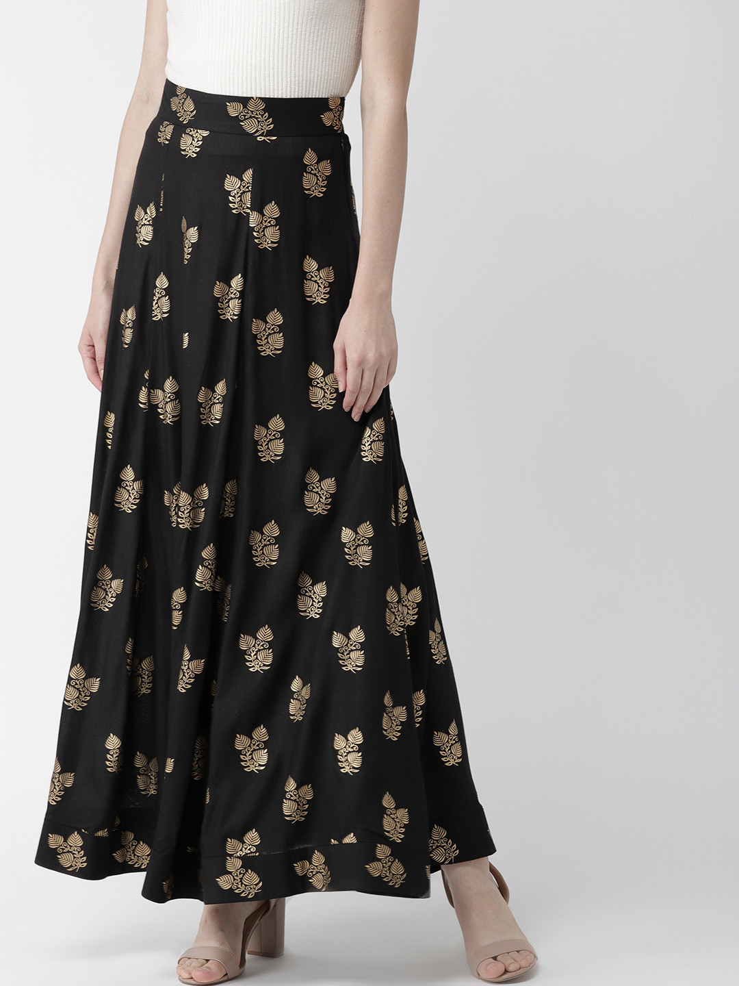 Buy Woowzerz Women Black & Golden Foil Print Maxi Flared Skirt Skirts