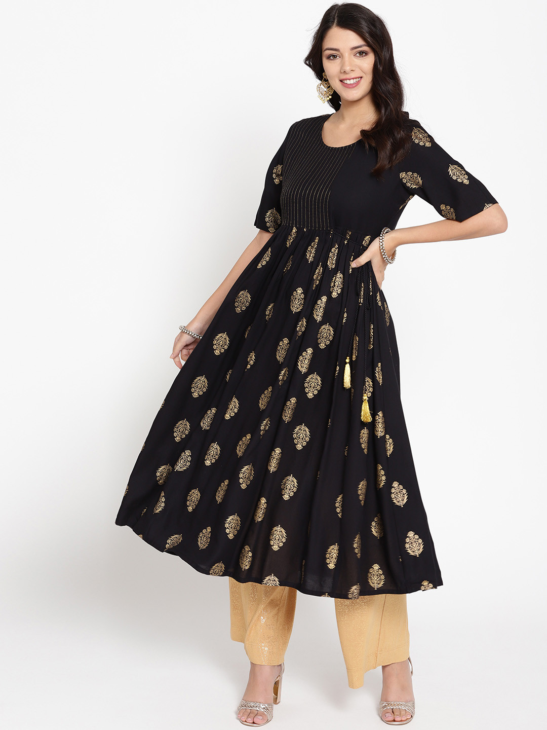 Buy HERE&NOW Women Black & Golden Printed Anarkali Kurta Kurtas for
