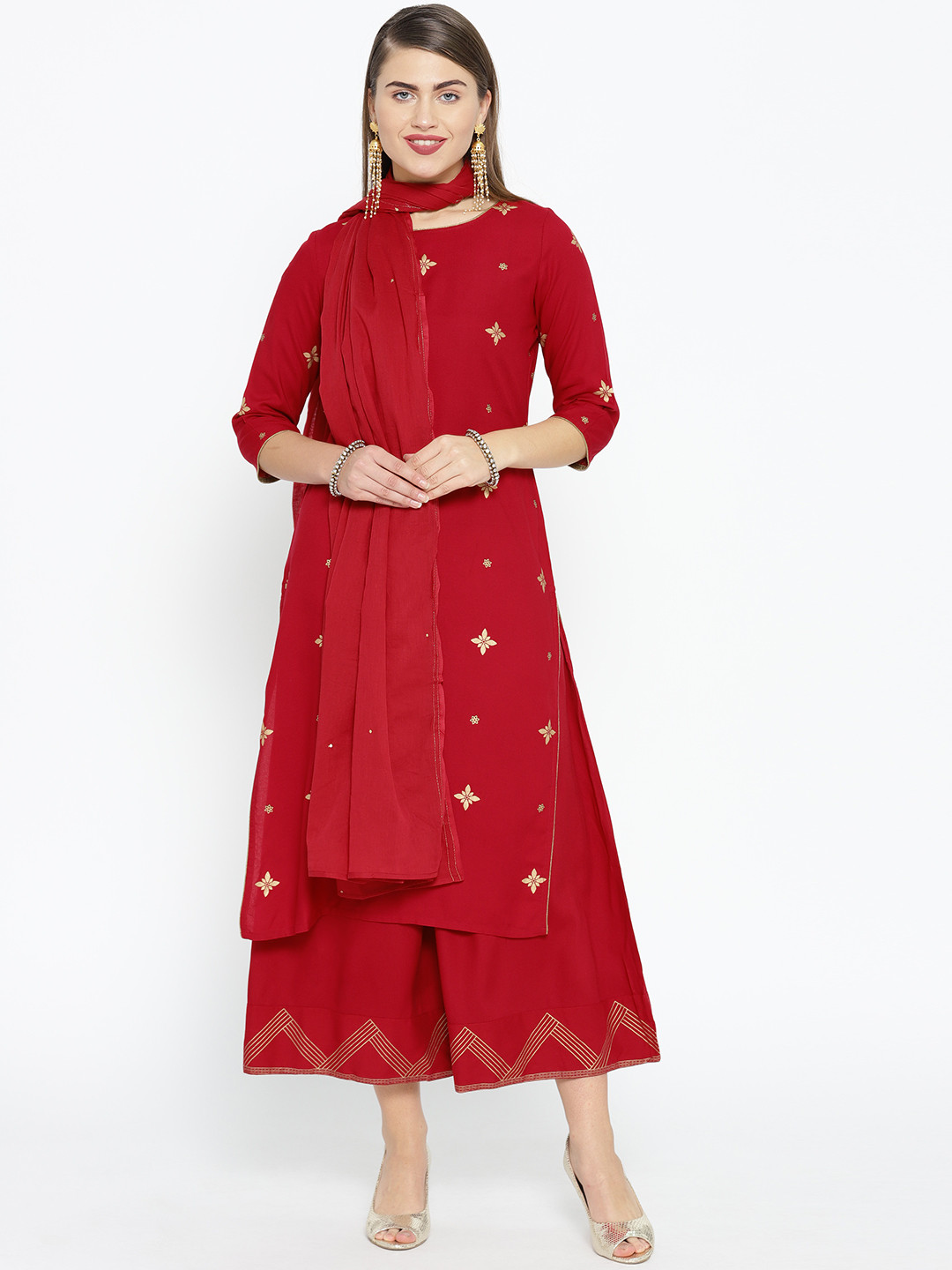 Women Red & Golden Printed Kurta With Trousers & Dupatta main image 1