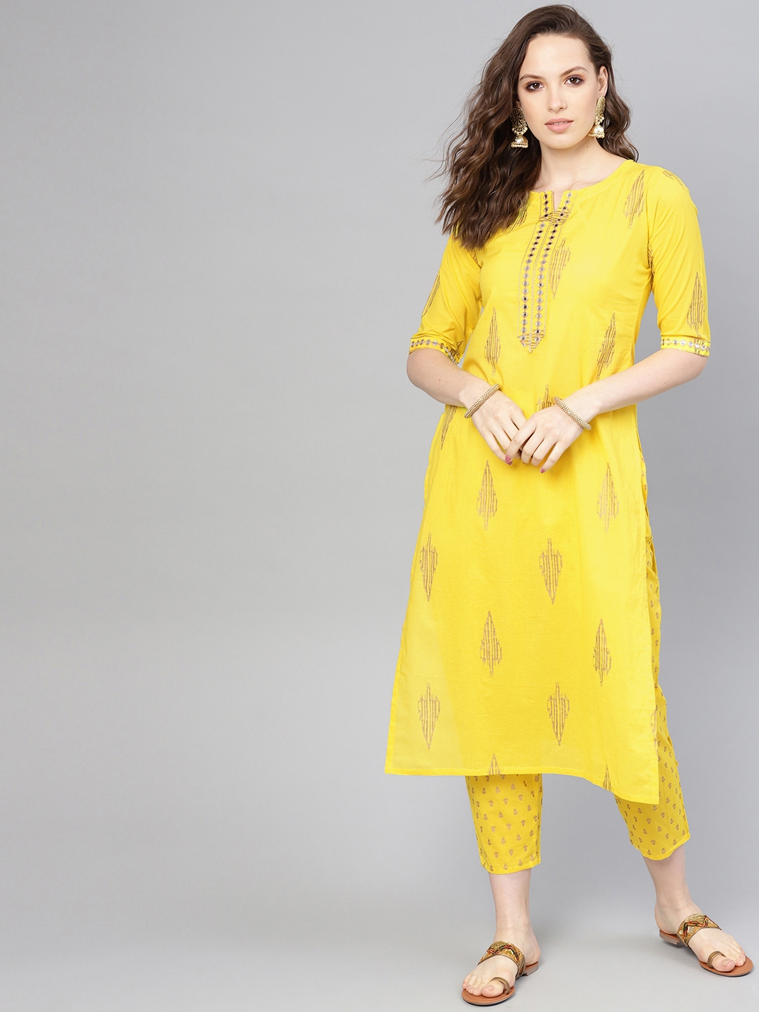 Buy Libas Women Yellow & Golden Block Printed Kurta With Trousers ...