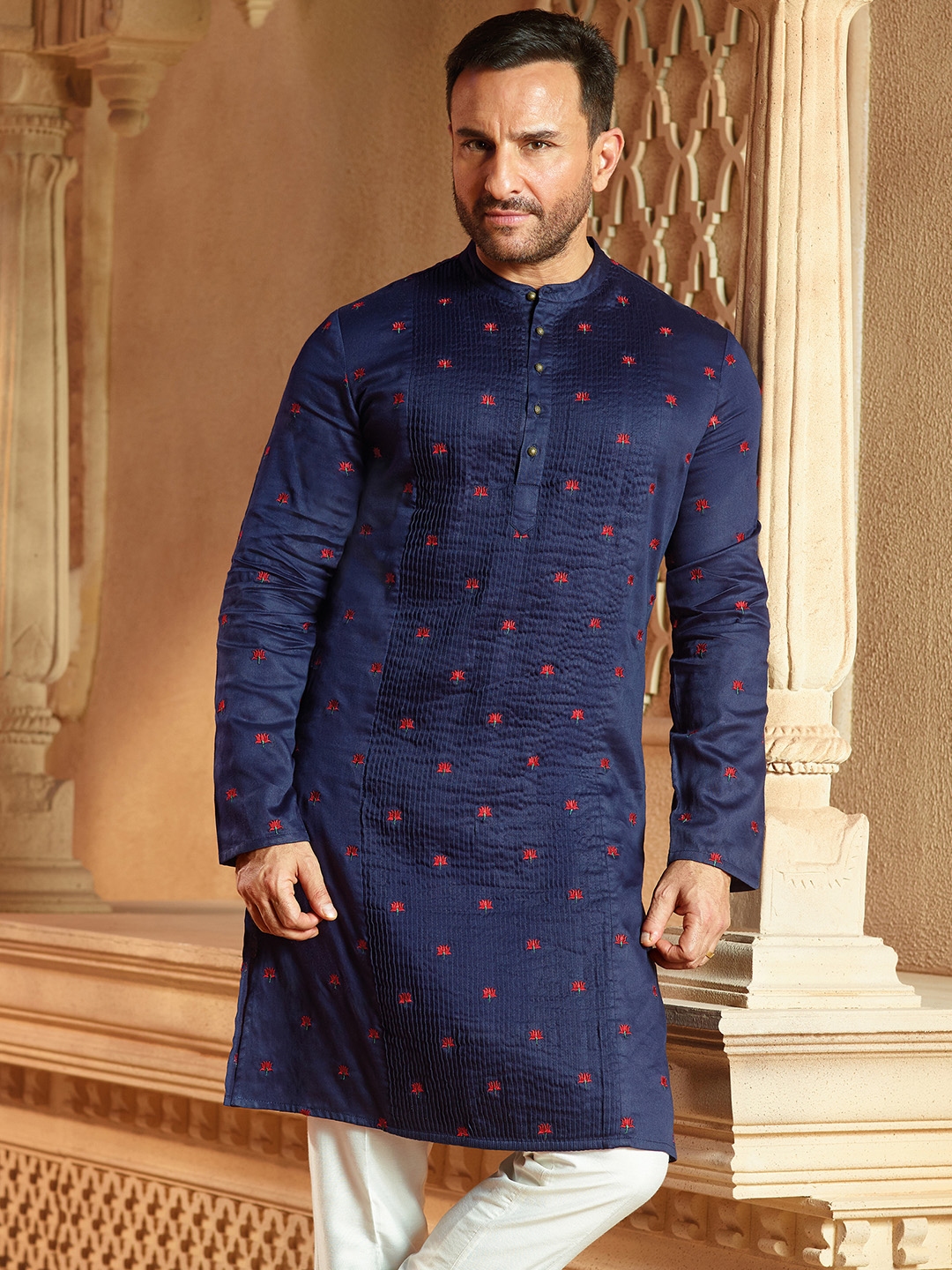 Buy House Of Pataudi Men Navy Blue Embroidered Straight Kurta Kurtas For Men 10359491 Myntra