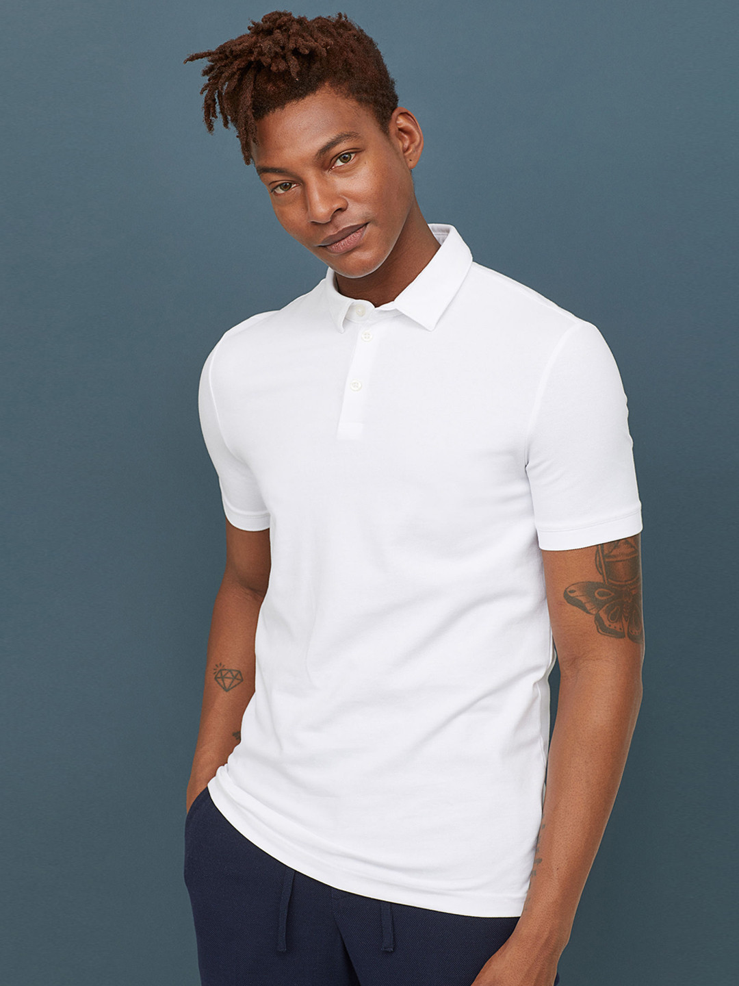 Buy H&M Men White Solid Slim Fit Cotton Polo Sustainable Shirt
