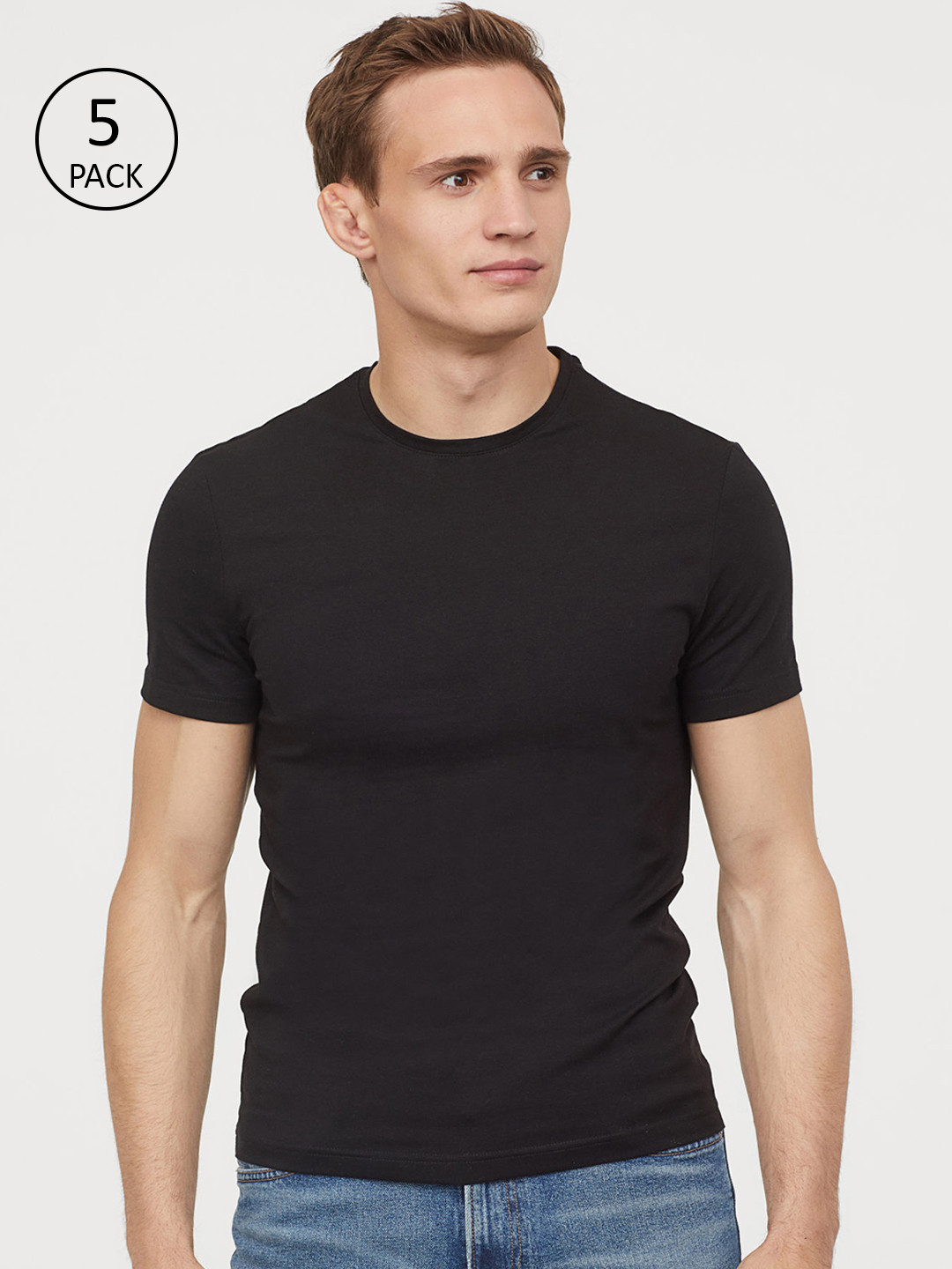 Buy H&M Men Black Solid 5 Pack T Shirts Slim Fit Lounge Tshirts for