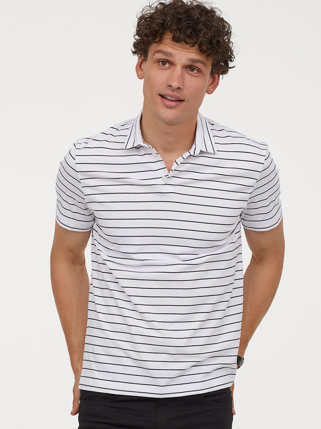 Buy H&M Men White & Black Striped Jersey Polo Shirt Slim Fit Tshirts