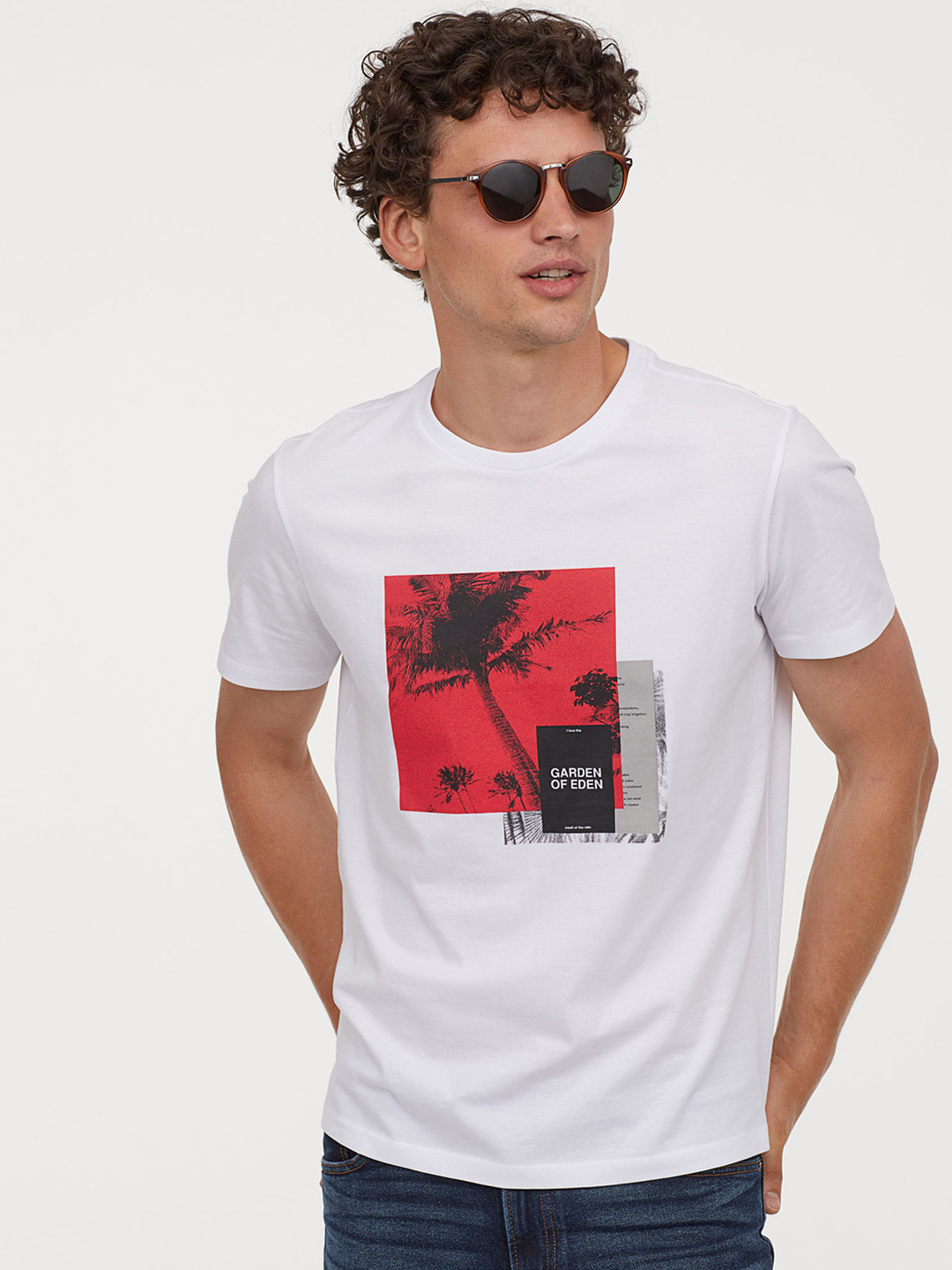 Buy HM Men White And Red Printed Pure Cotton T Shirt With A Motif Tshirts for Men 10360661