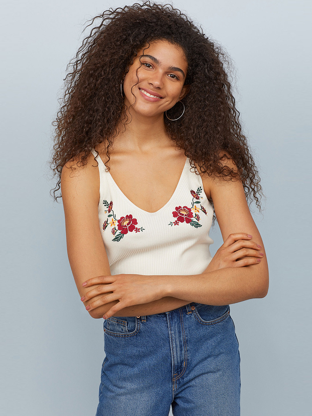 Buy H&M Women White Ribbed Top With Embroidery - Tops for Women 10364133 | Myntra