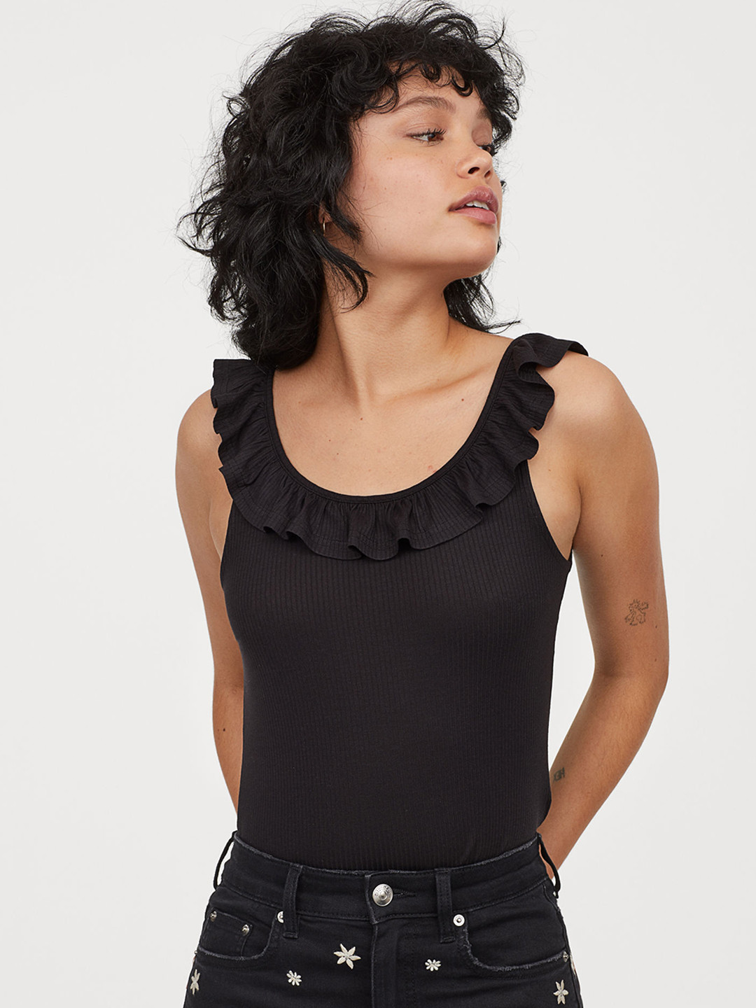 Buy H&M Women Black Solid Vest Top With A Flounce Tops for Women