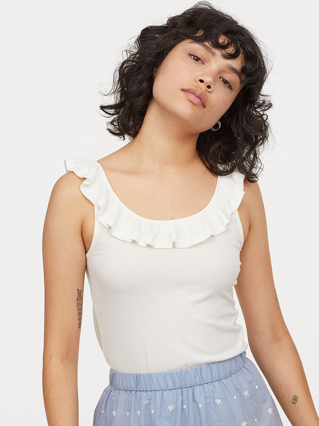 Buy H&M Women White Solid Vest Top With A Flounce Tops for Women