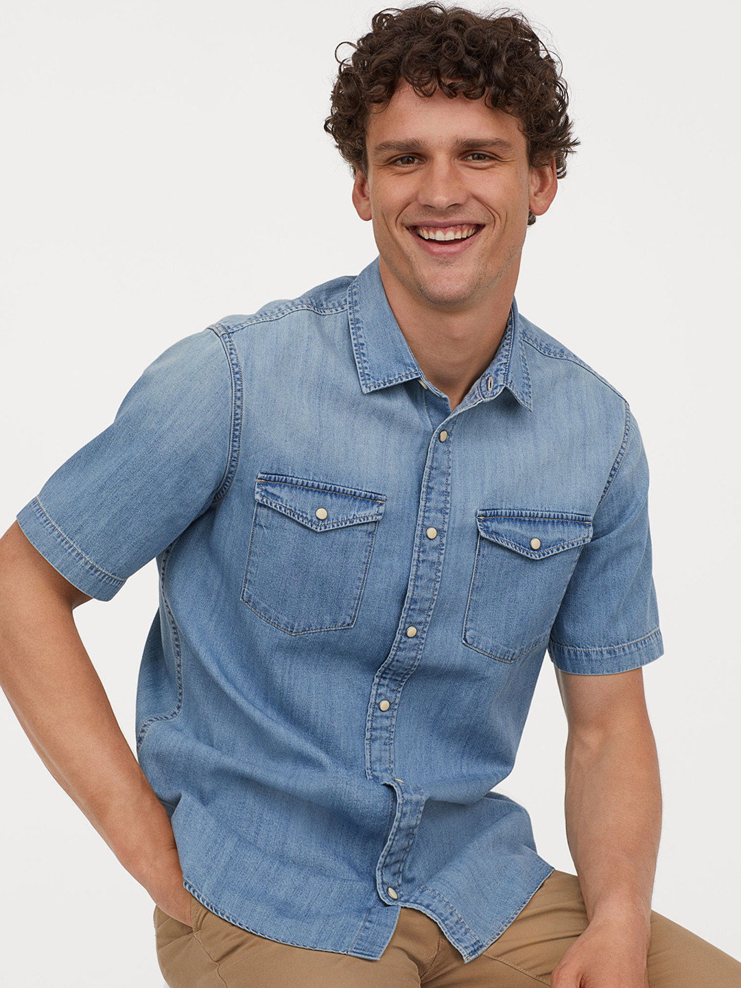Buy H&M Men Blue Short Sleeved Denim Shirt Shirts for Men 10364321