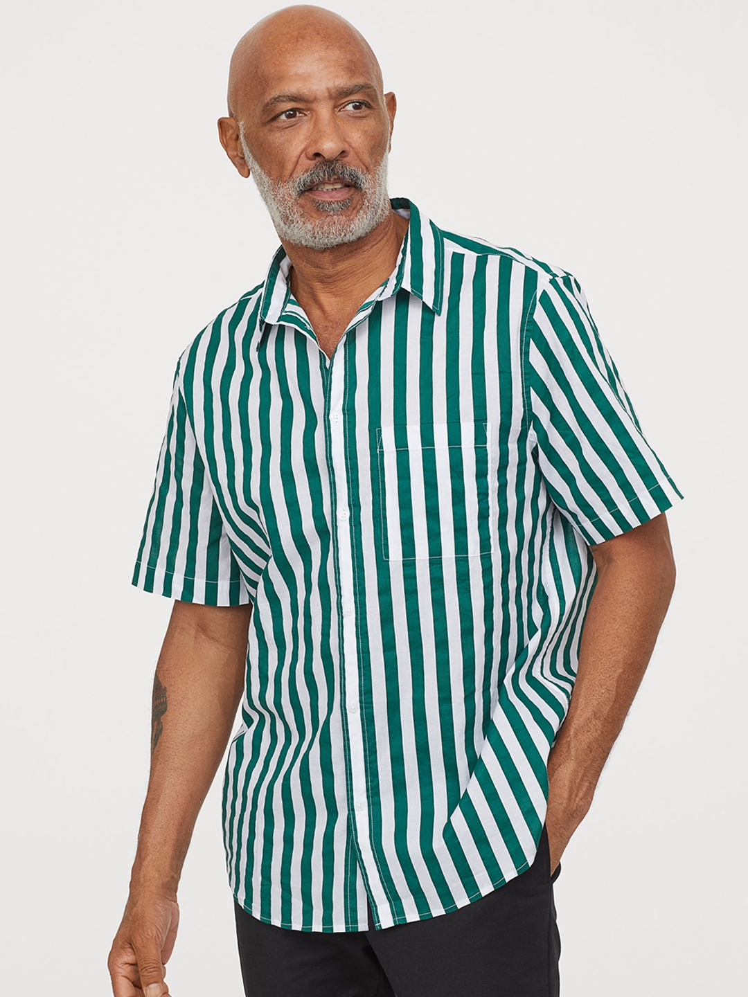 Buy H&M Men White & Green Striped Cotton Shirt Regular Fit ...