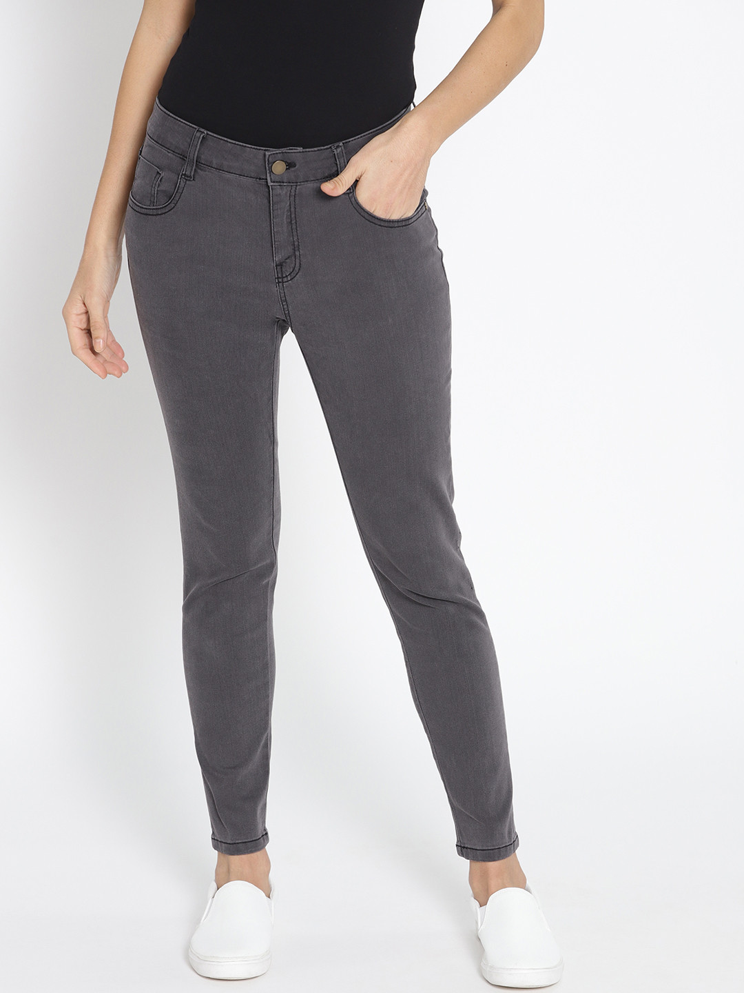 Buy DressBerry Women Charcoal Grey Skinny Fit Mid Rise Clean Look