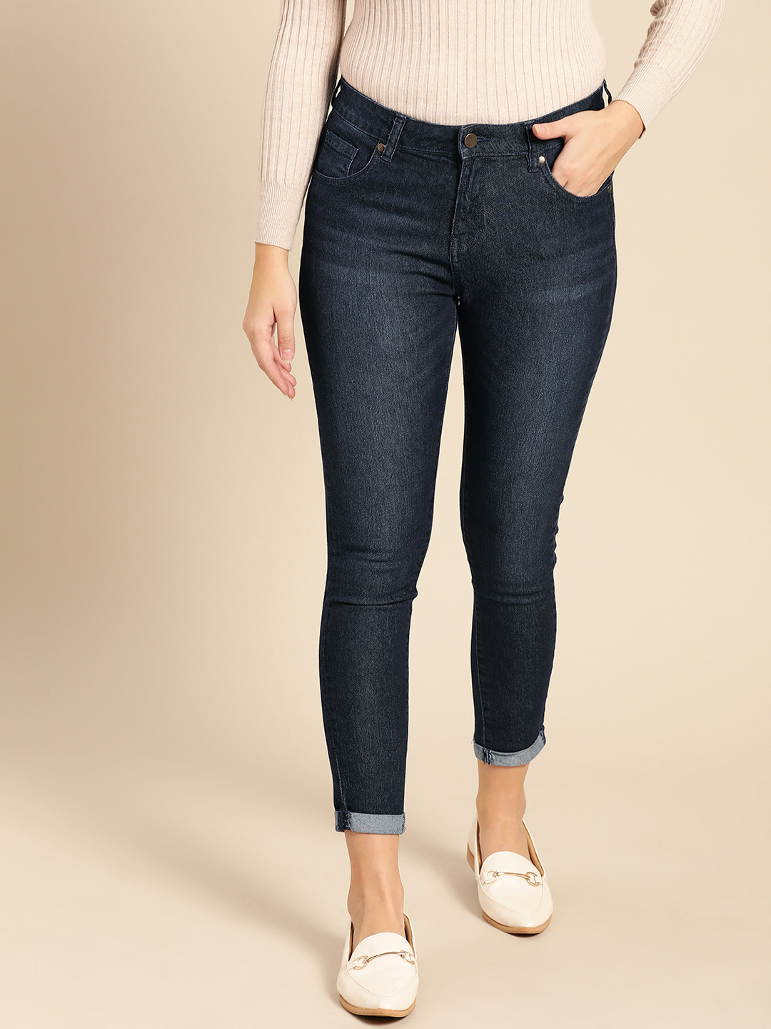 Buy DressBerry Women Navy Blue Skinny Fit Mid Rise Clean Look