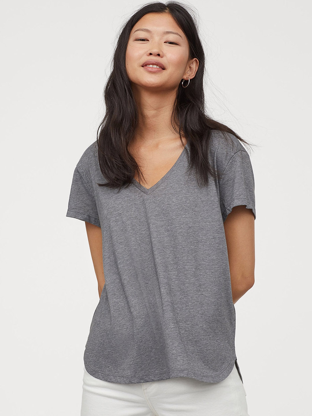 Buy H&M Women Grey V Neck Cotton T Shirt - Tshirts for Women 10367153 ...
