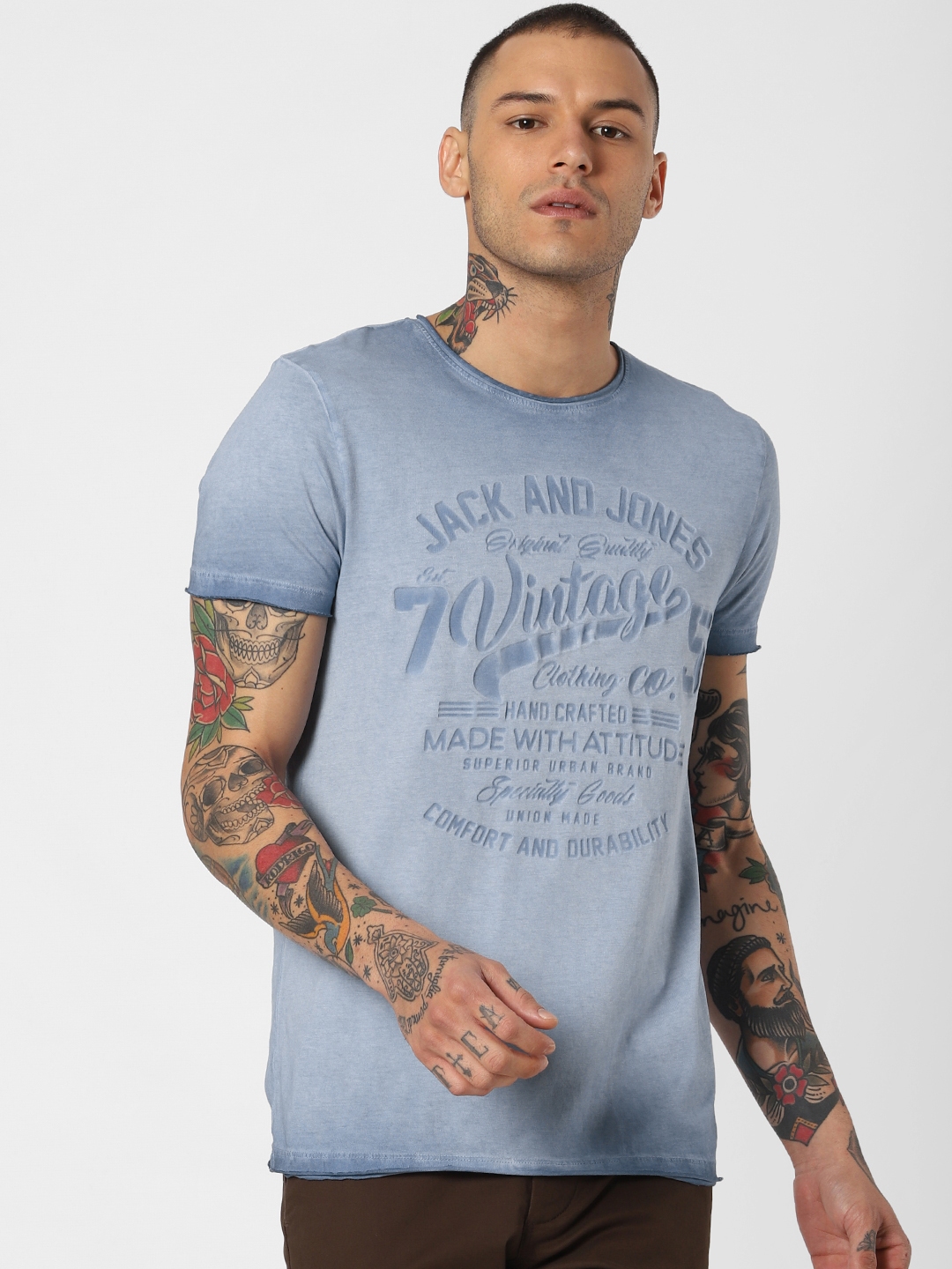 Buy Jack Jones Men Blue Dyed Round Neck Pure Cotton T Shirt - Tshirts ...