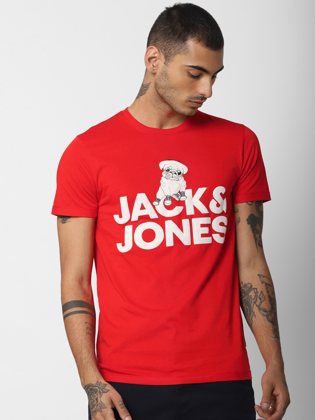 Buy Jack Jones Men Red White Printed Round Neck Pure Cotton T Shirt ...