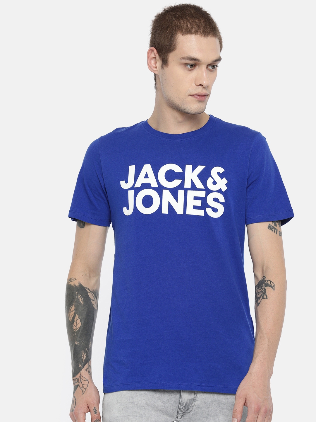 Buy Jack Jones Men Blue White Slim Fit Printed Round Neck Pure Cotton T ...