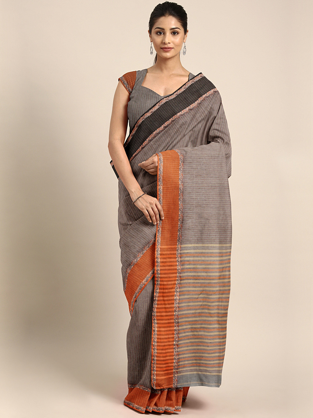 Buy Mitera Grey & Orange Bengal Handloom Handwoven Striped Taant Saree
