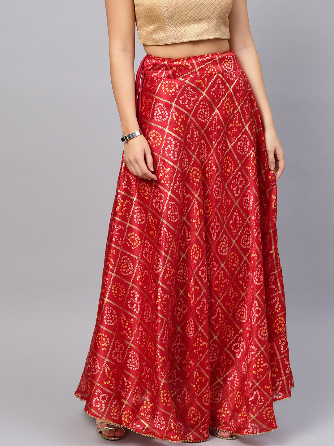 Buy Inddus Women Red & Golden Printed Flared Maxi Skirt Skirts for