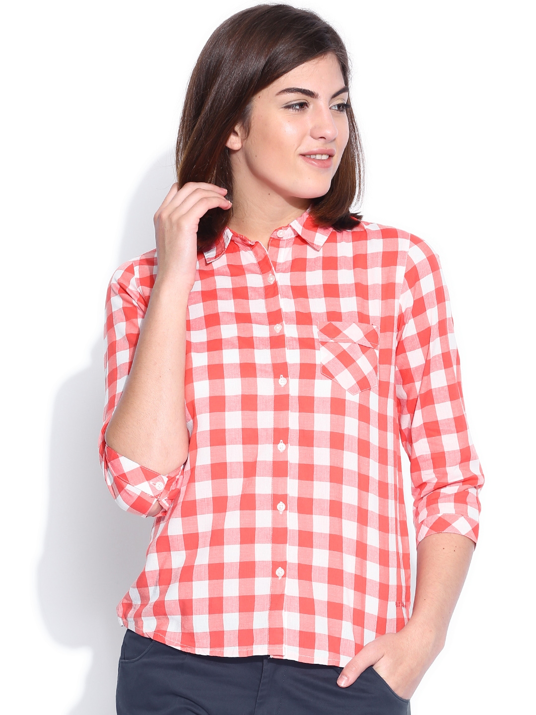 Buy U S Polo Assn Women Red And White Checked Casual Shirt Shirts For