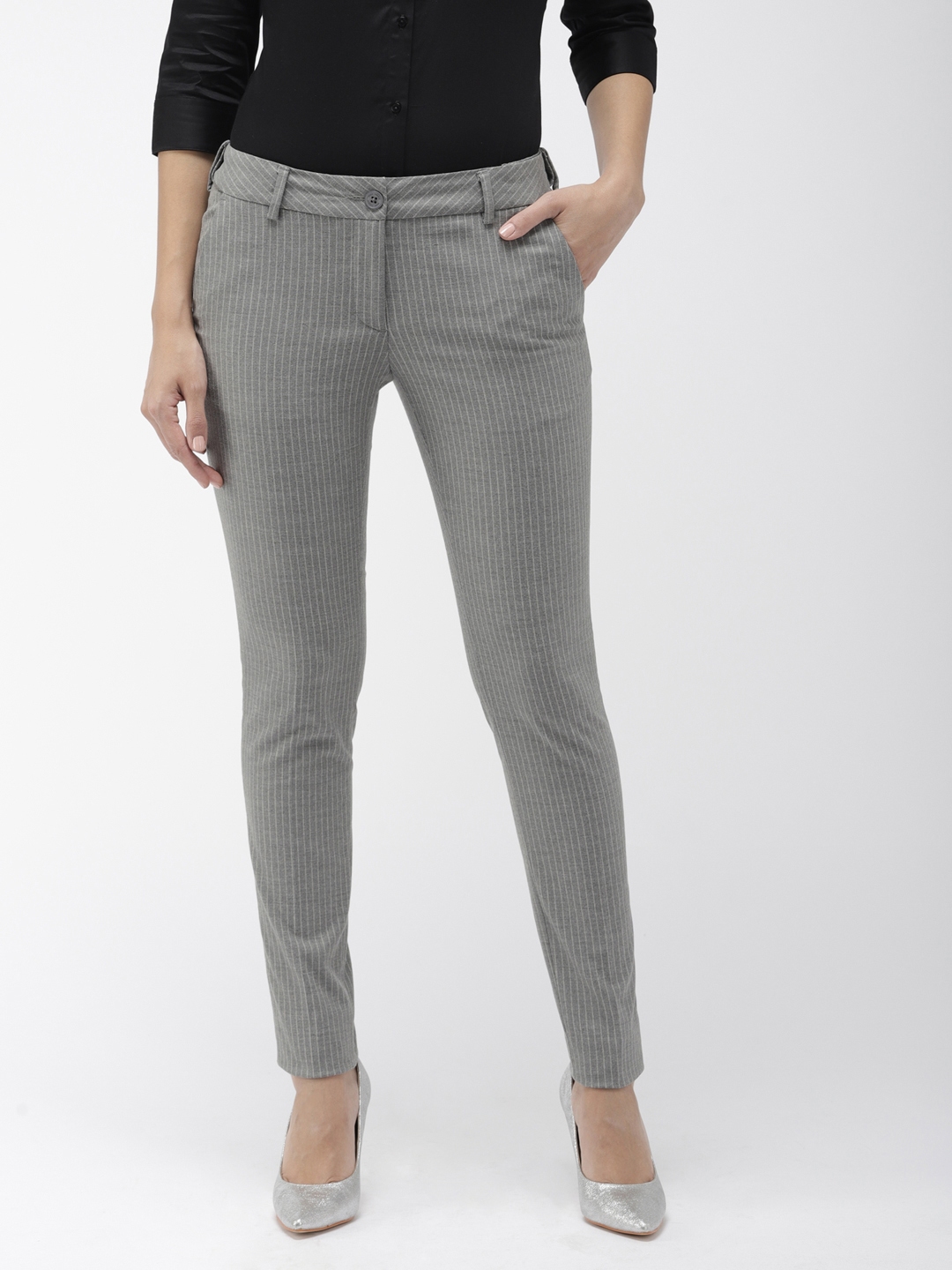 grey trousers with white side stripe