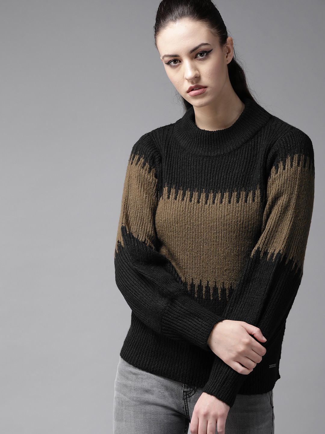 Buy The Roadster Lifestyle Co Women Black & Olive Green Colourblocked Pullover Sweaters for