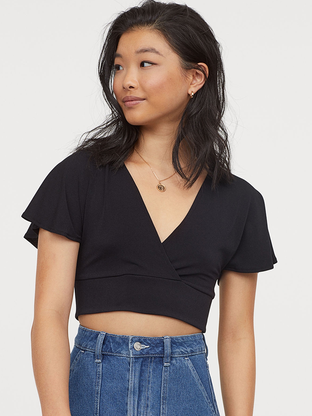 Buy Handm Women Black Solid Cropped Wrapover Top Tops For Women 10378731 Myntra 