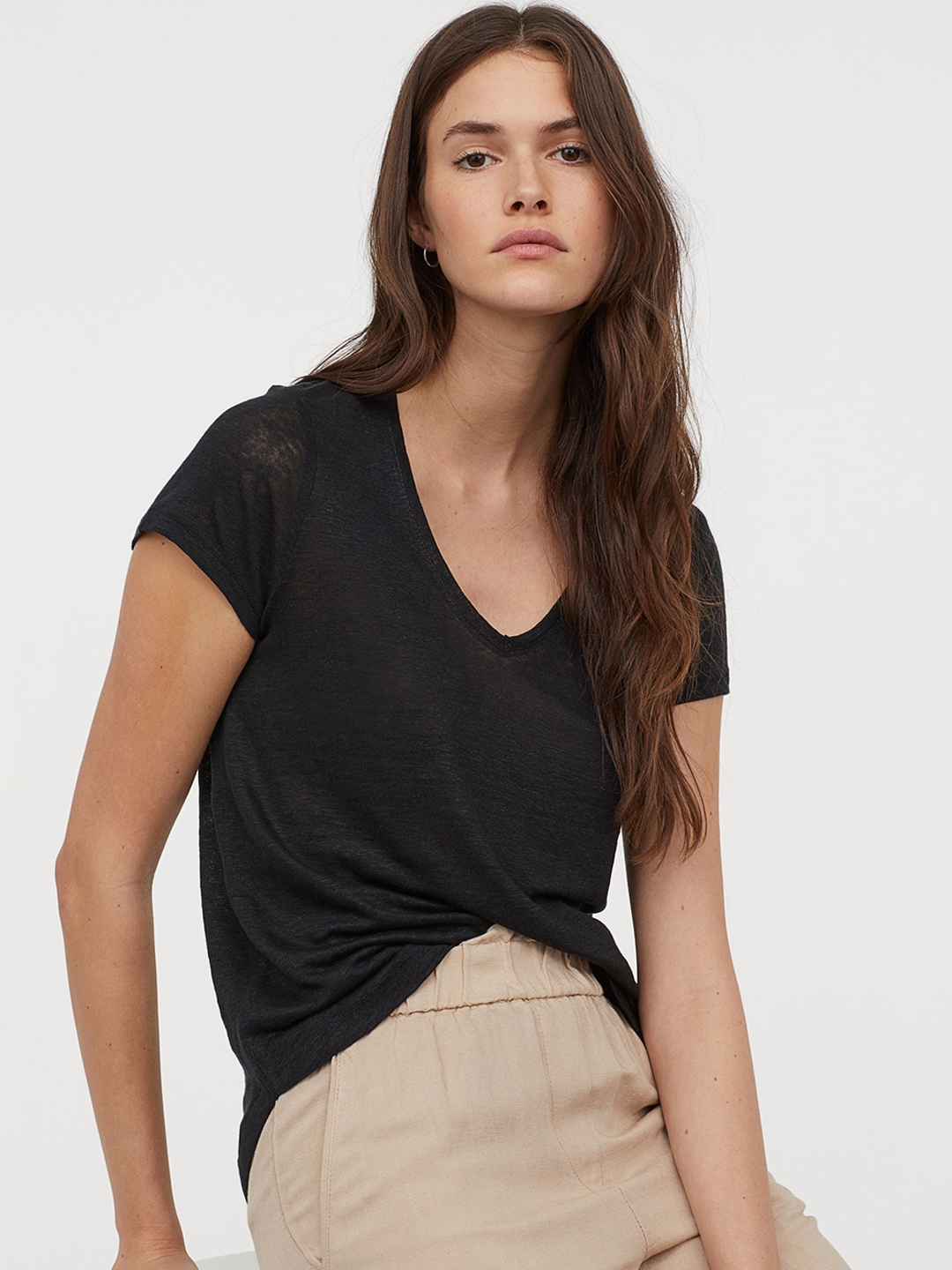 Buy H&M Women Black Solid Linen T Shirt - Tshirts for Women 10378933 ...