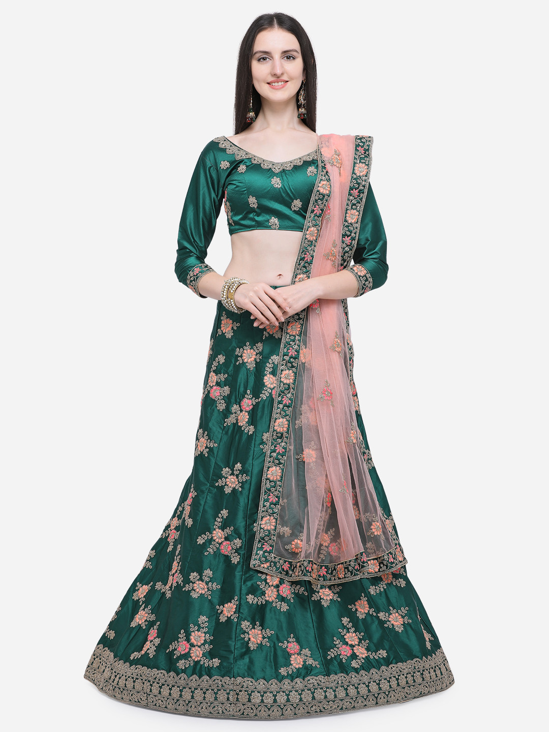 Buy Aasvaa Green Pink Embroidered Semi Stitched Lehenga Unstitched Blouse With Dupatta