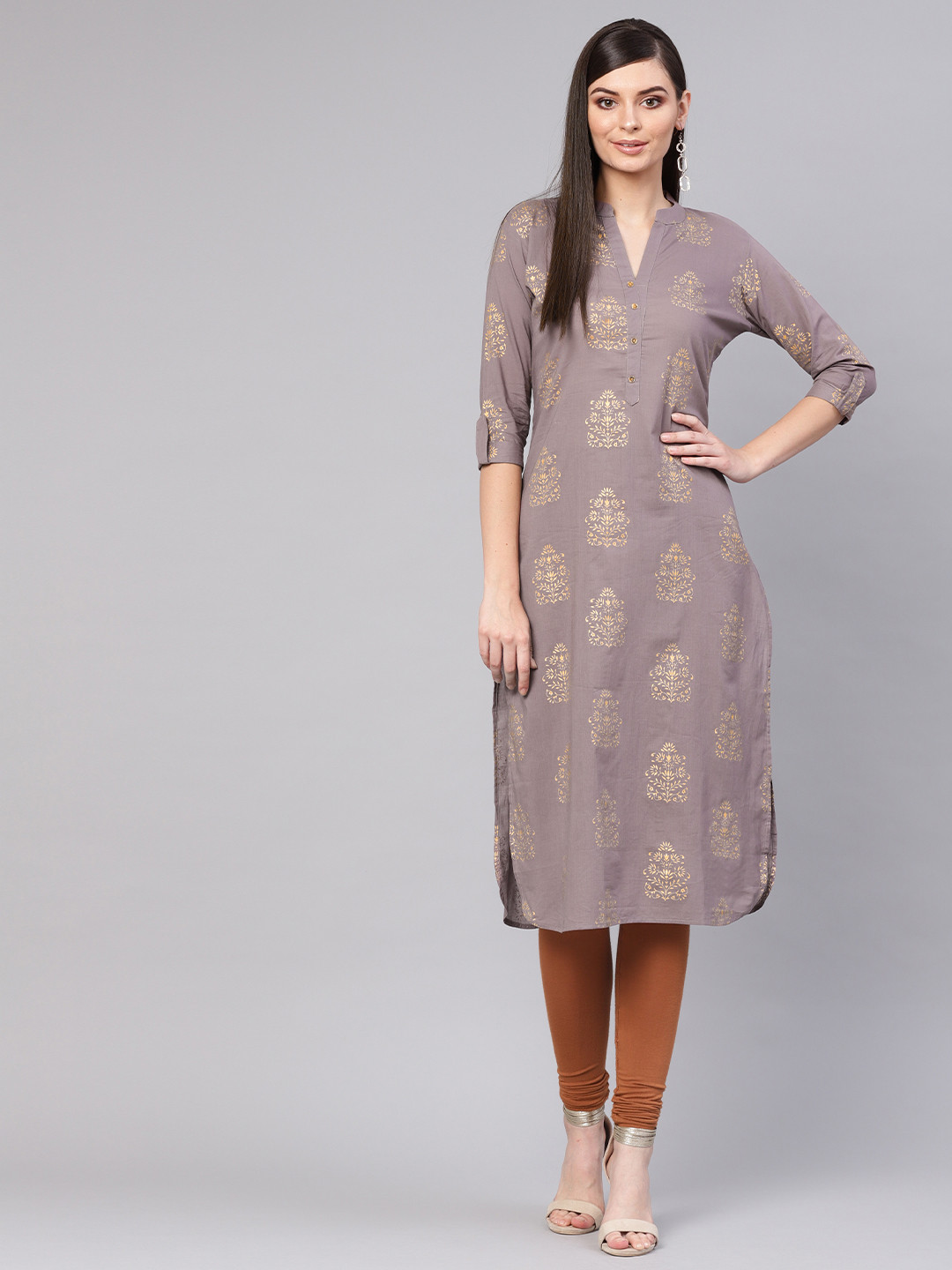 Buy AHIKA Women Taupe & Golden Printed Straight Kurta Kurtas for