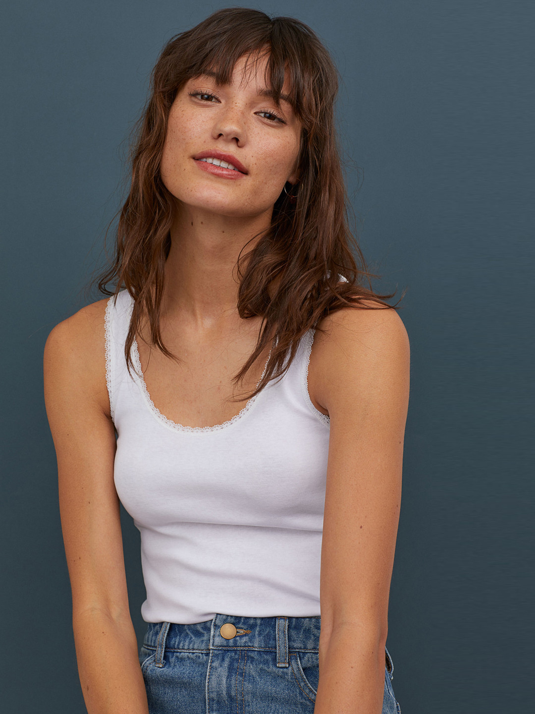 Buy H&M Women White Solid Vest Top With Lace Trims Tops for Women