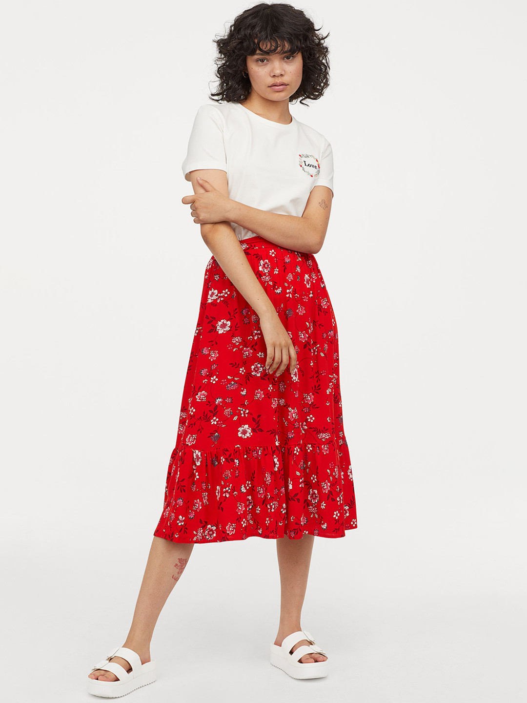 Buy H&M Women Red Patterned Flounced Skirt Skirts for Women 10385145