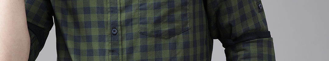 Buy Roadster Men Olive Green & Navy Blue Checked Pure Cotton Casual ...